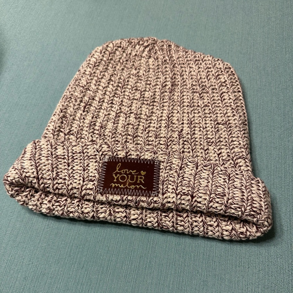 White and Maroon/Cranberry Love Your Melon Cuffed Beanie - Brown Gold Foil Patch